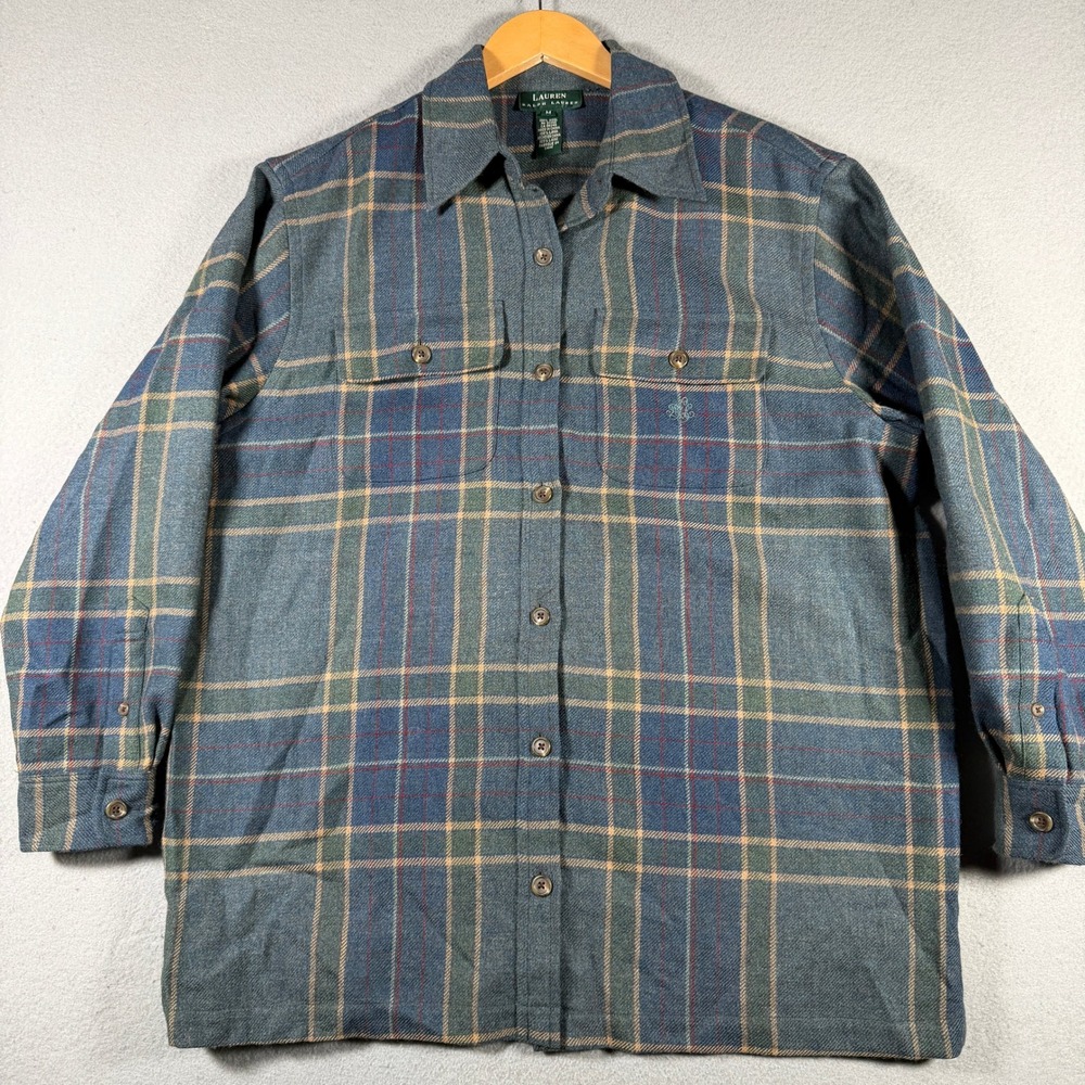 Lauren Ralph Lauren 100% Wool Plaid Flannel Shirt Blue Green Mens Medium 15578